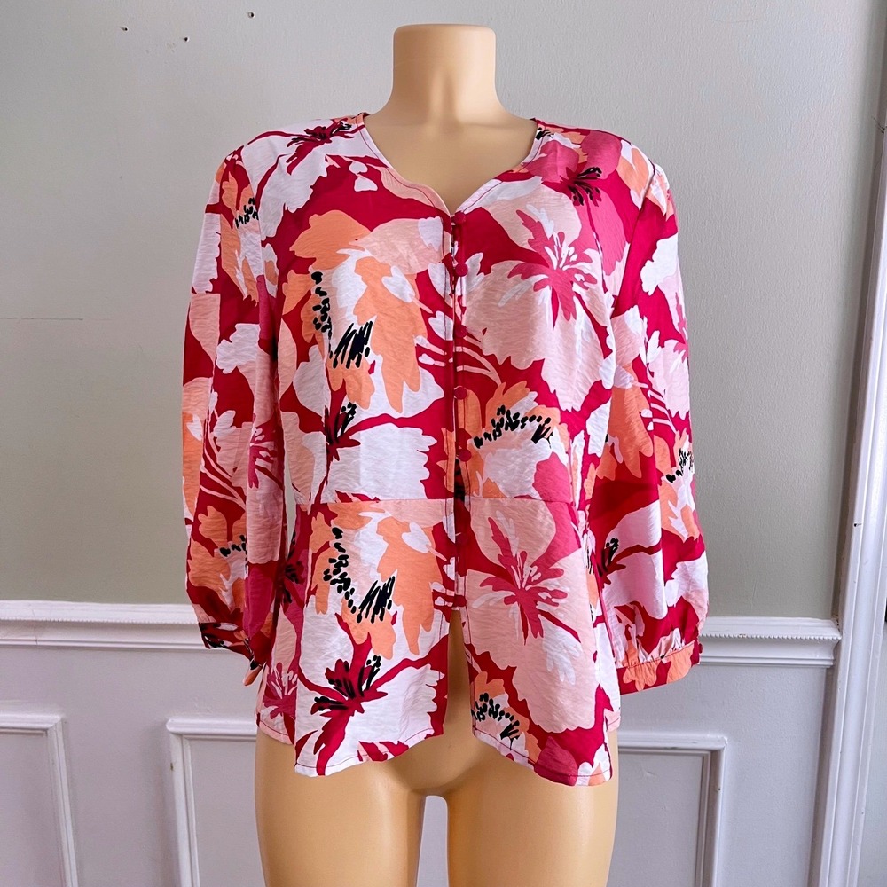 Chicos Floral Blouse Womens 1 Medium Pink Orange Button Front V-Neck Tropical